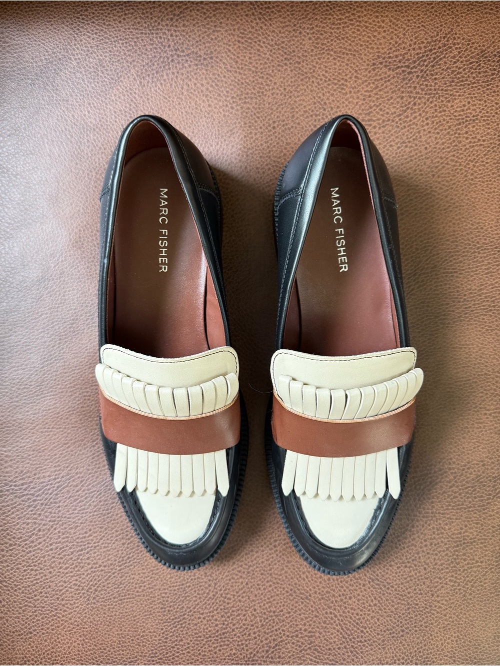 Marc Fisher Women's Black, Cream & Brown Kiltie Fringe Loafers